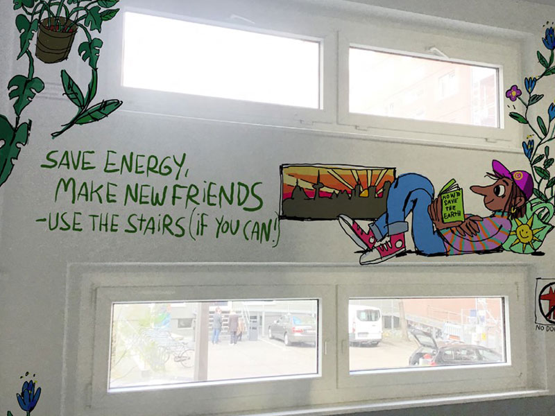 Murals promoting sustainable education adorn a&o Berlin Mitte.