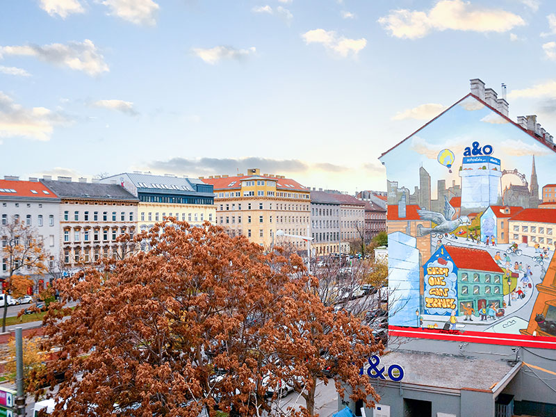 The exterior facade of a&o Vienna Stadthalle also features a mural.